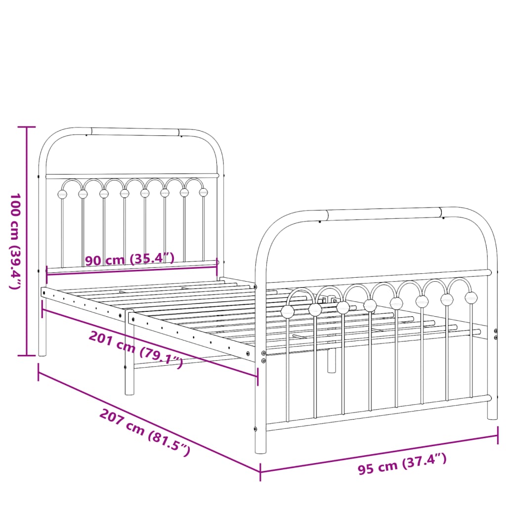 Bed frame with black metal headboard and footboard 90x200 cm