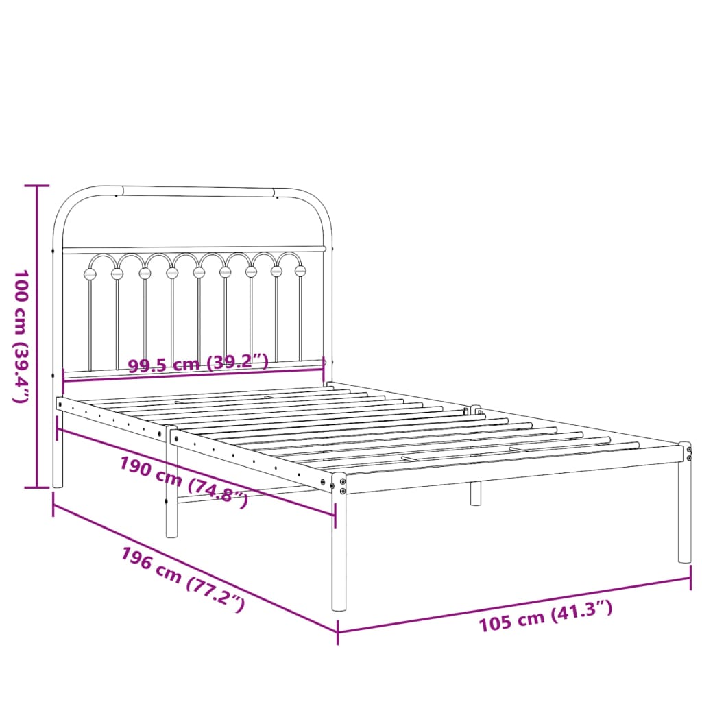 Bed frame with white metal headboard 100x190 cm