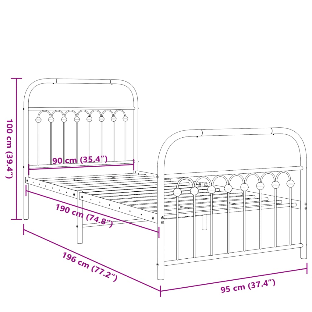 Bed frame with headboard and footboard in white metal 90x190 cm