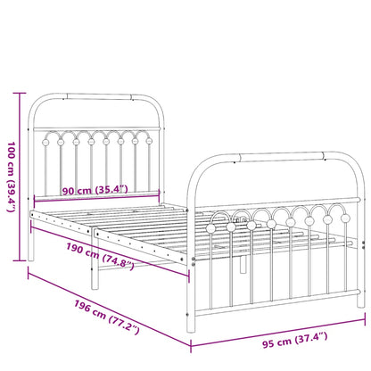 Bed frame with headboard and footboard in white metal 90x190 cm