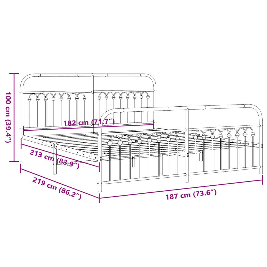 Bed frame with headboard and footboard in white metal 183x213 cm