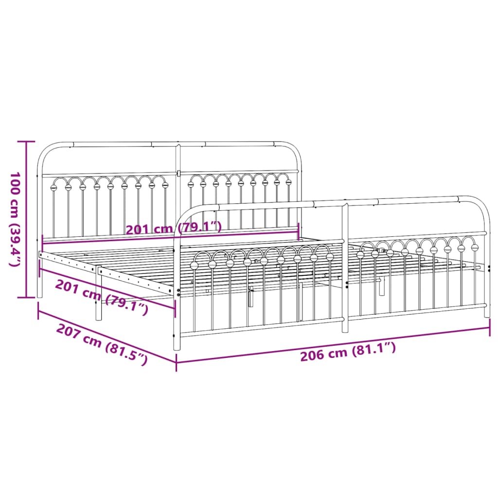 Bed frame with headboard and footboard in white metal 200x200 cm