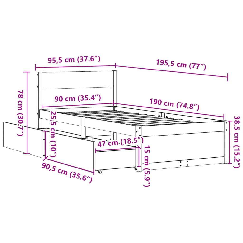 Letto senza Materasso Bianco 90x190 cm in Legno Massello Pino