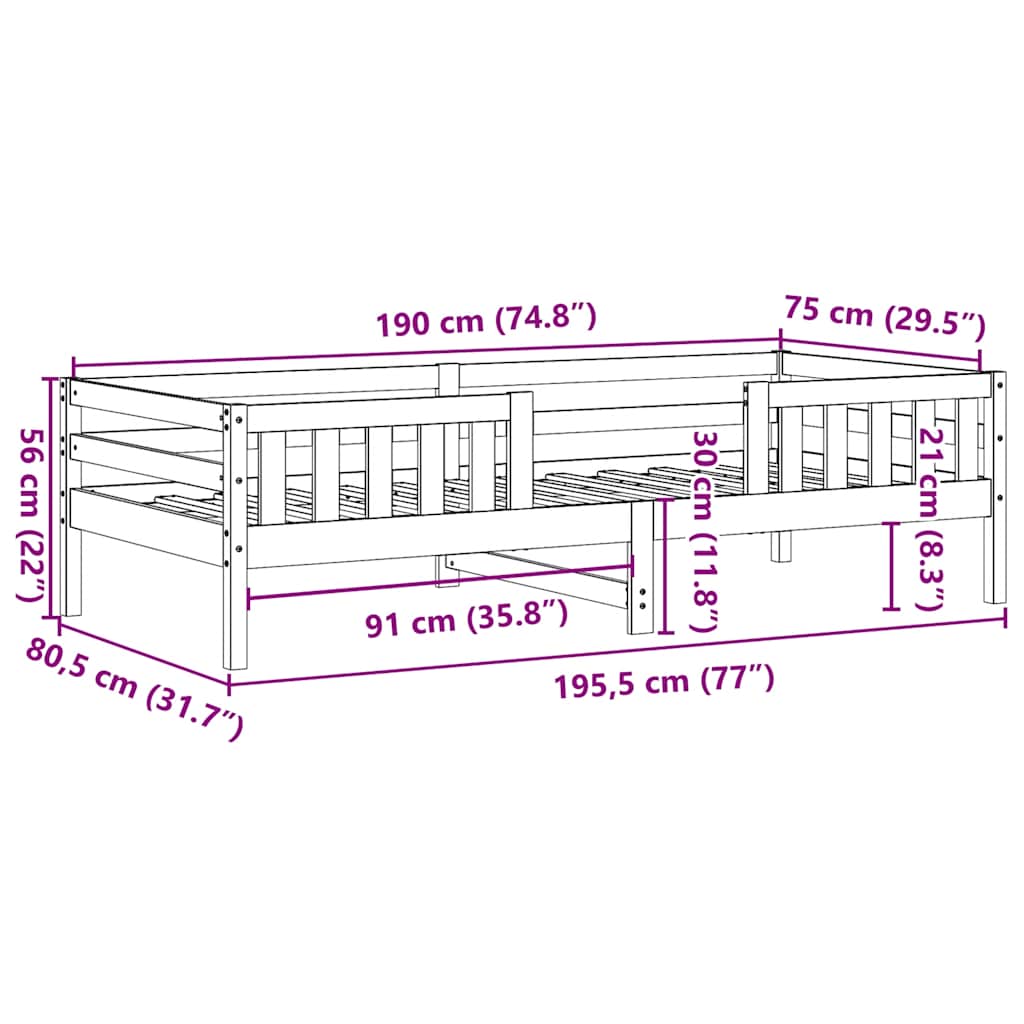 Letto senza Materasso 75x190 cm in Legno Massello Pino | homemem39