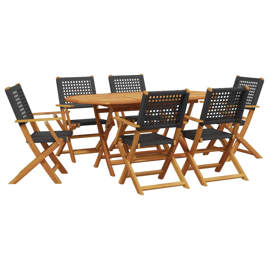 Set Pranzo Giardino 7 pz Nero in Polyrattan e Legno Massello