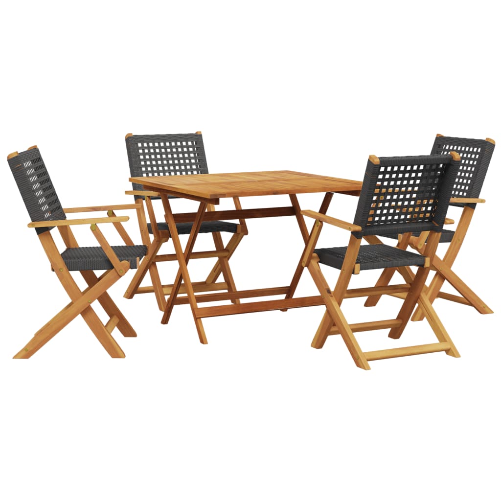 Set da Pranzo per Giardino 5pz Nero Polyrattan e Legno Massello