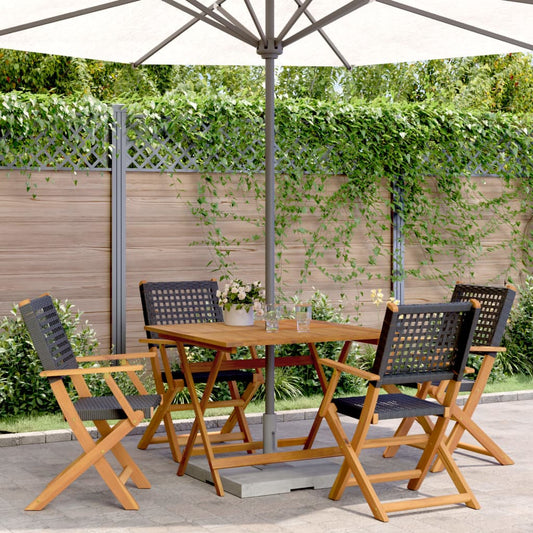 Set da Pranzo per Giardino 5pz Nero Polyrattan e Legno Massello