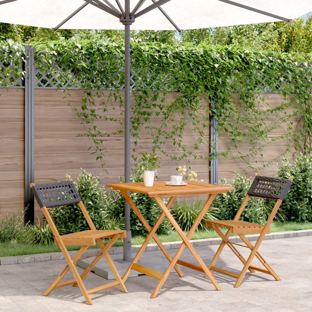 Set da Bistrot 3 pz Nero in Polyrattan e Legno Massello