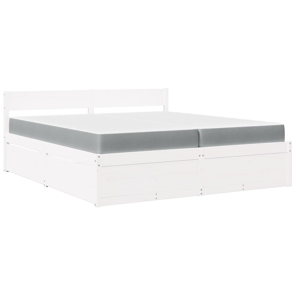 Letto Cassetti e Materasso Bianco 200x200cm Legno Massello Pino