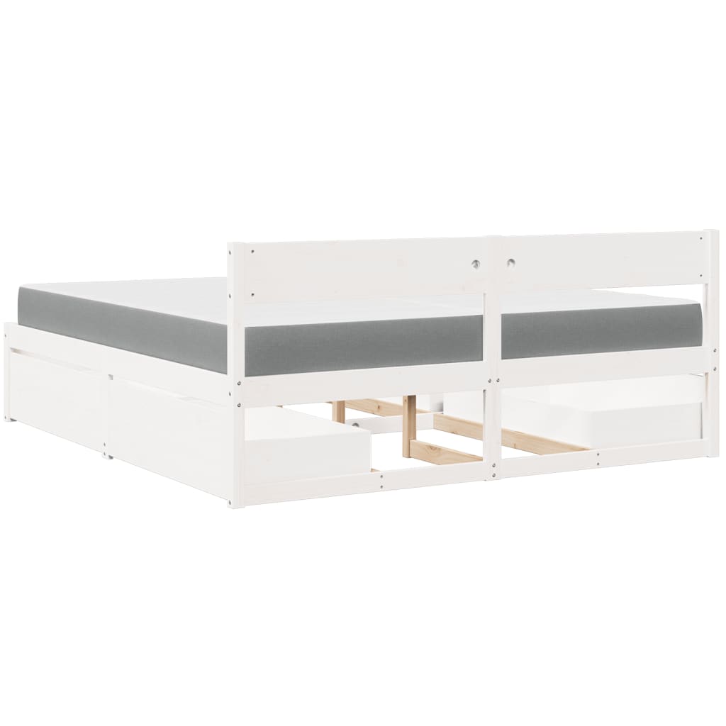 Letto Cassetti e Materasso Bianco 200x200cm Legno Massello Pino