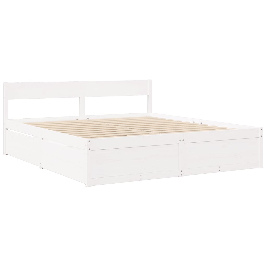 Letto Cassetti e Materasso Bianco 200x200cm Legno Massello Pino
