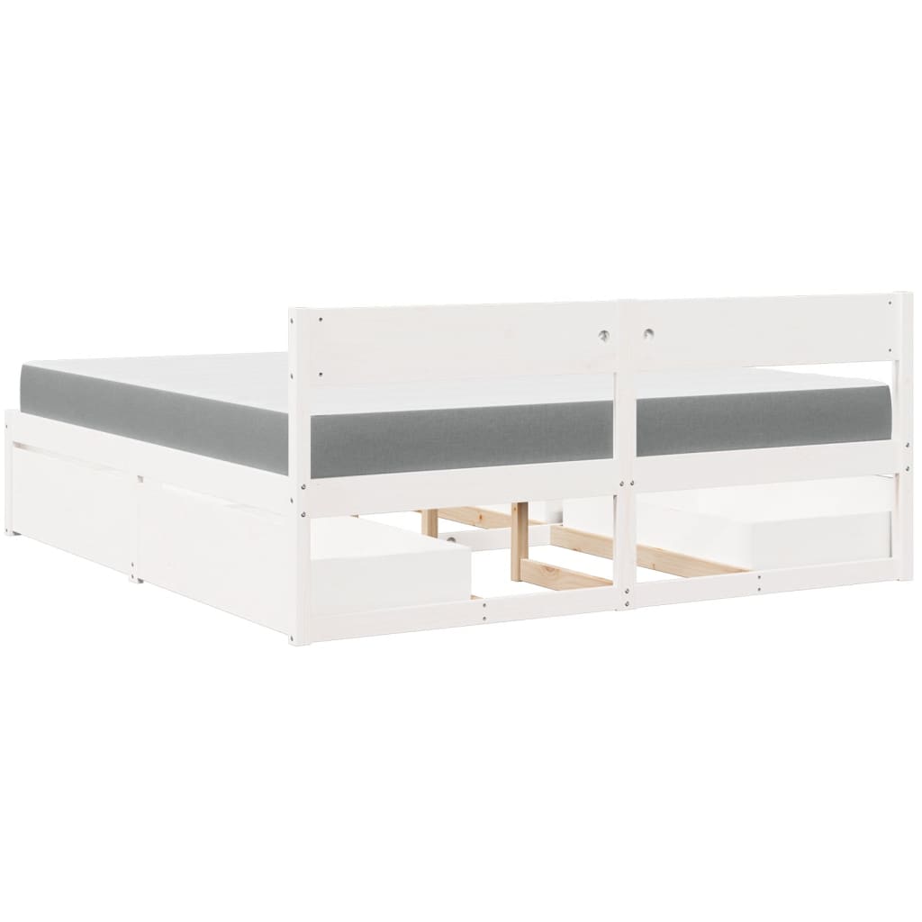 Letto Cassetti e Materasso Bianco 180x200cm Legno Massello Pino