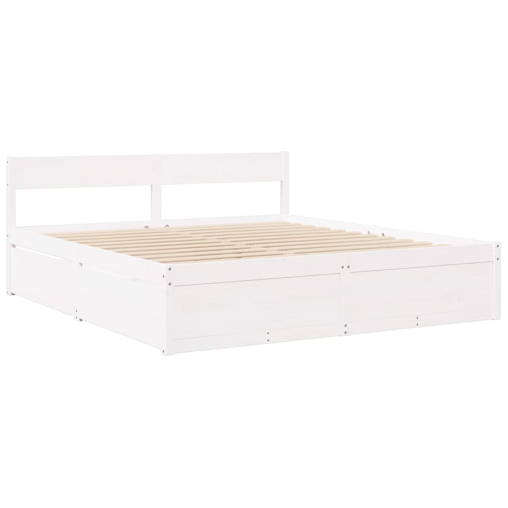 Letto Cassetti e Materasso Bianco 180x200cm Legno Massello Pino