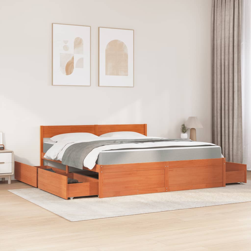 Letto Cassetti e Materasso Marrone Cera 180x200cm Massello Pino | homemem39