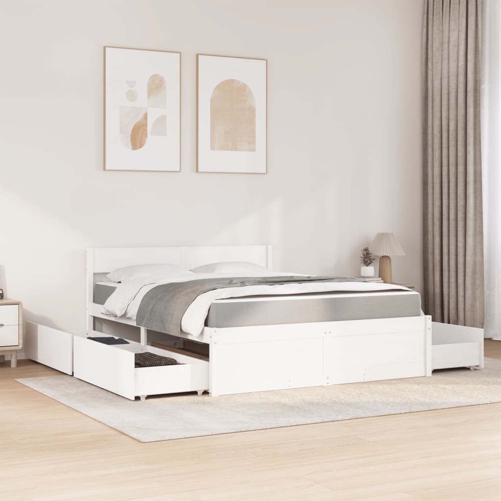 Letto Cassetti e Materasso Bianco 160x200cm Legno Massello Pino | homemem39