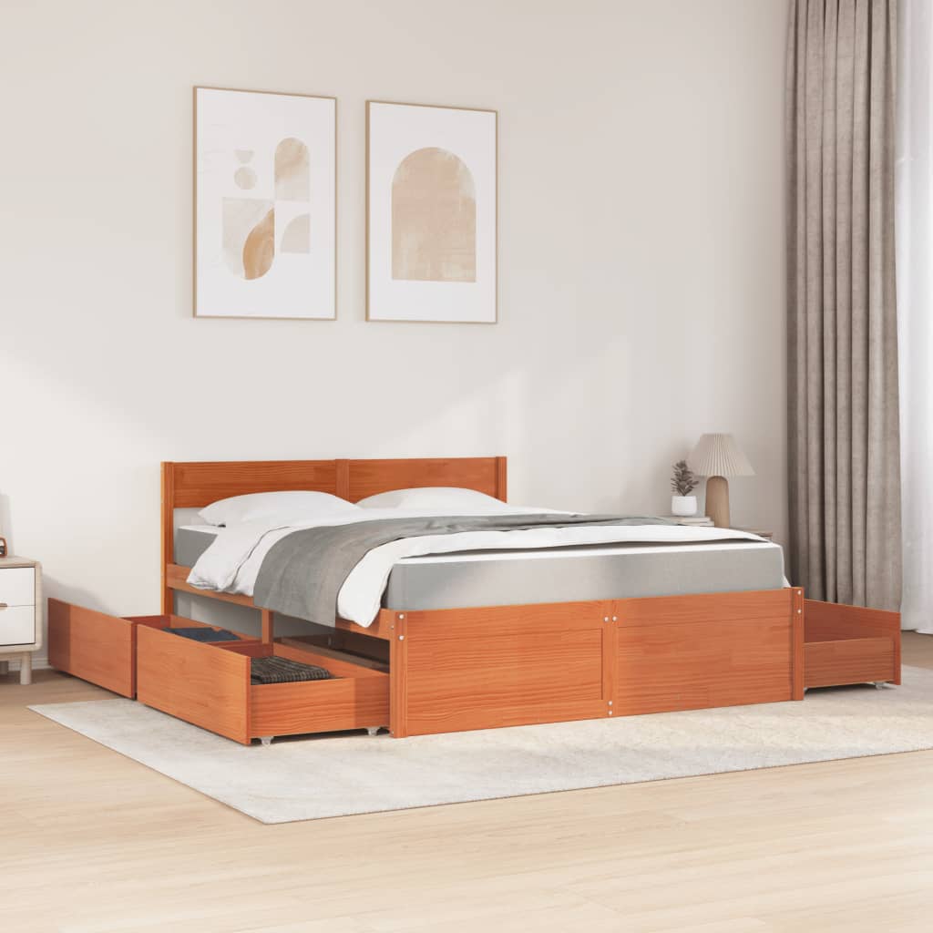 Letto Cassetti e Materasso Cera 160x200cm Legno Massello Pino | homemem39
