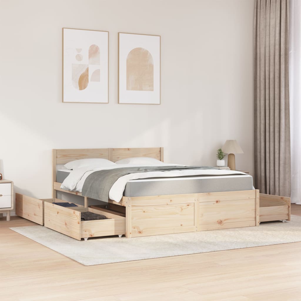 Letto con Cassetti e Materasso 140x200 cm Legno Massello Pino | homemem39