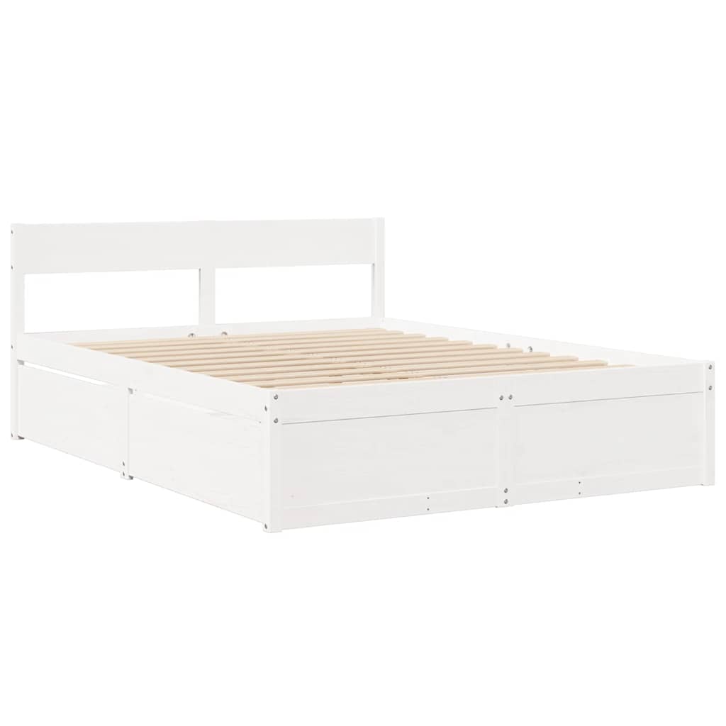 Letto Cassetti e Materasso Bianco 140x200cm Legno Massello Pino