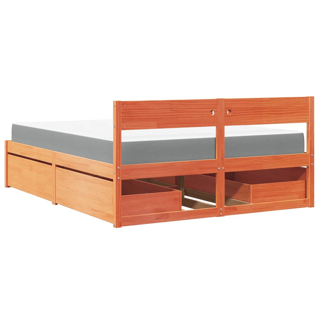 Letto Cassetti e Materasso Marrone Cera 140x200cm Massello Pino