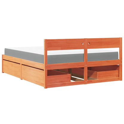 Letto Cassetti e Materasso Marrone Cera 140x200cm Massello Pino
