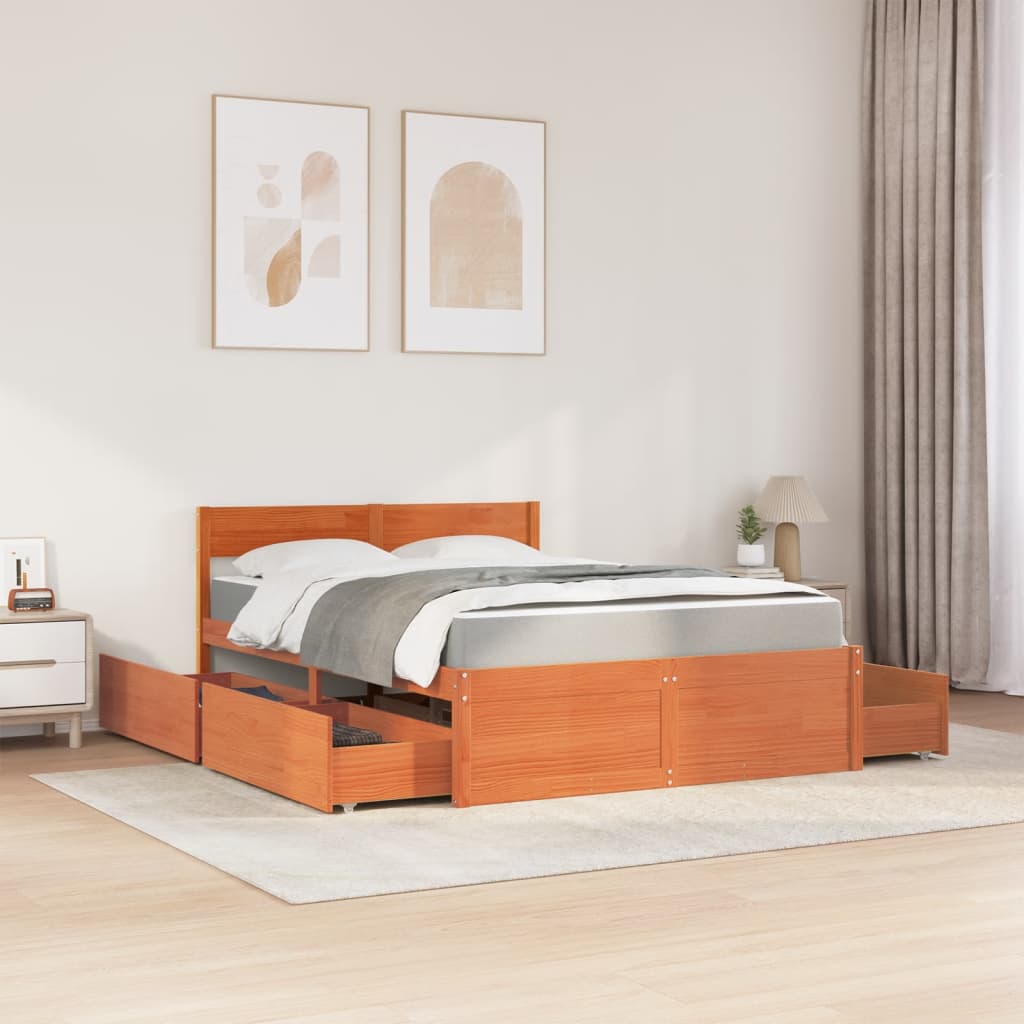 Letto Cassetti e Materasso Marrone Cera 120x200cm Massello Pino | homemem39