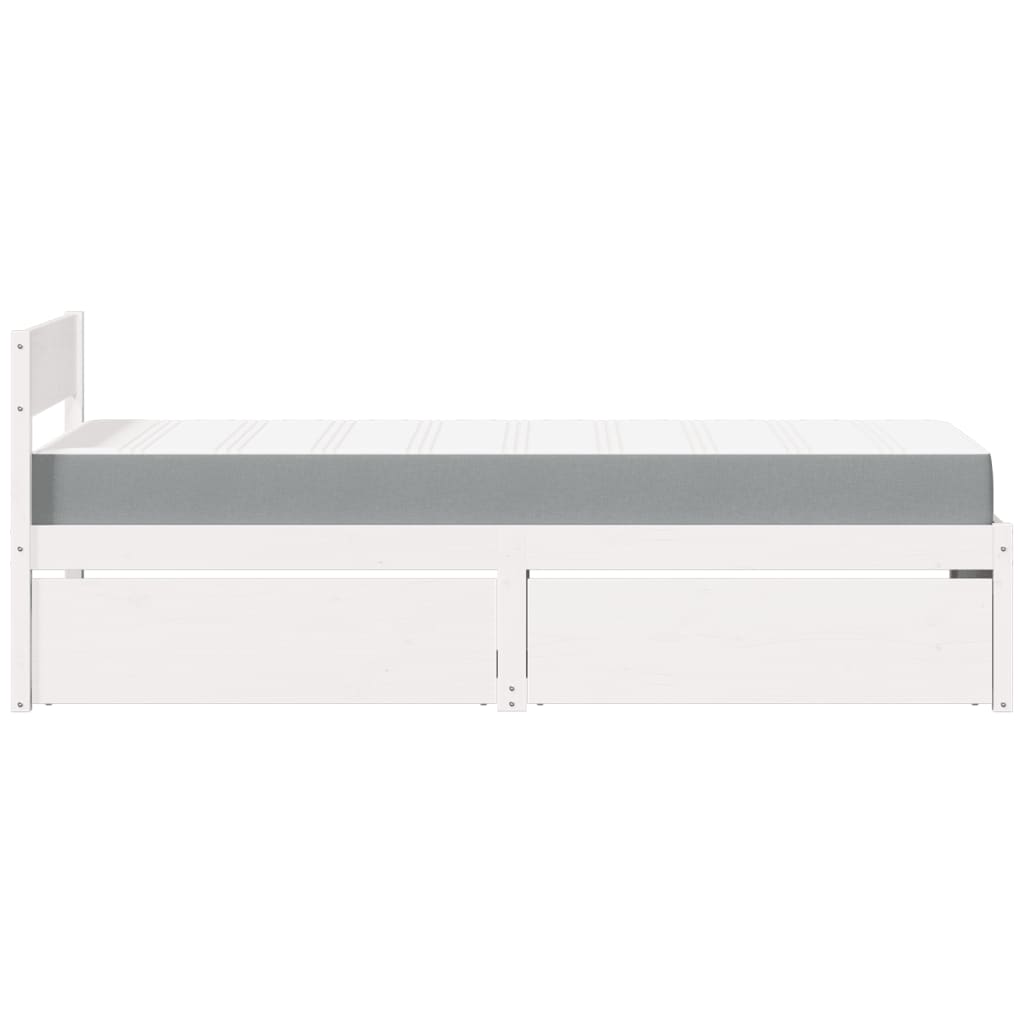 Letto Cassetti e Materasso Bianco 100x200cm Legno Massello Pino