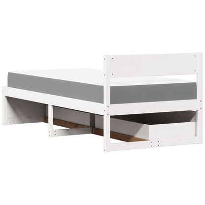 Letto Cassetti e Materasso Bianco 100x200cm Legno Massello Pino