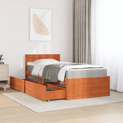 Letto Cassetti e Materasso Marrone Cera 100x200cm Massello Pino