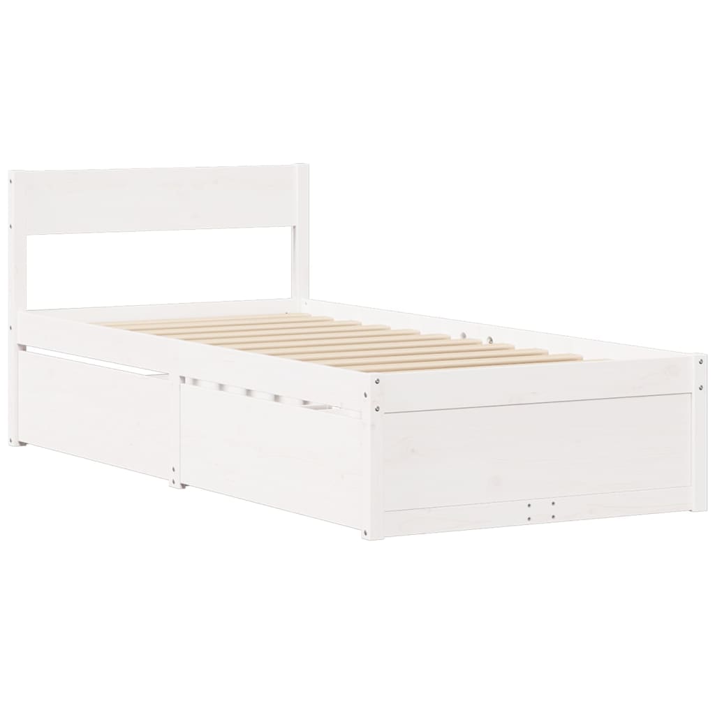 Letto Cassetti e Materasso Bianco 90x200 cm Legno Massello Pino