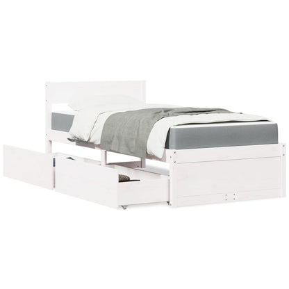 Letto Cassetti e Materasso Bianco 90x200 cm Legno Massello Pino