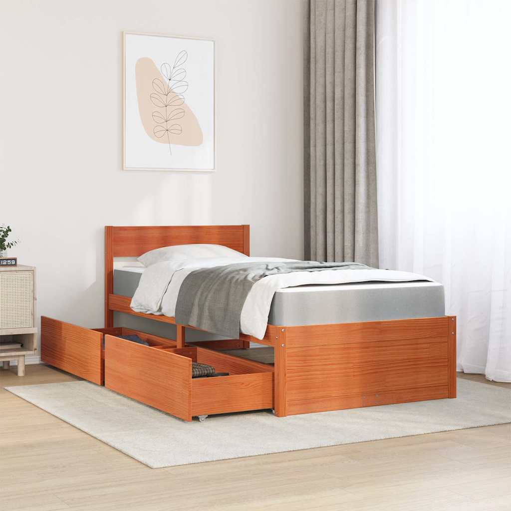 Letto Cassetti e Materasso Marrone Cera 90x200cm Massello Pino