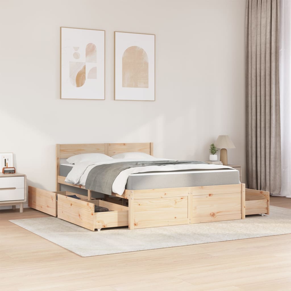 Letto con Cassetti e Materasso 140x190 cm Legno Massello Pino | homemem39