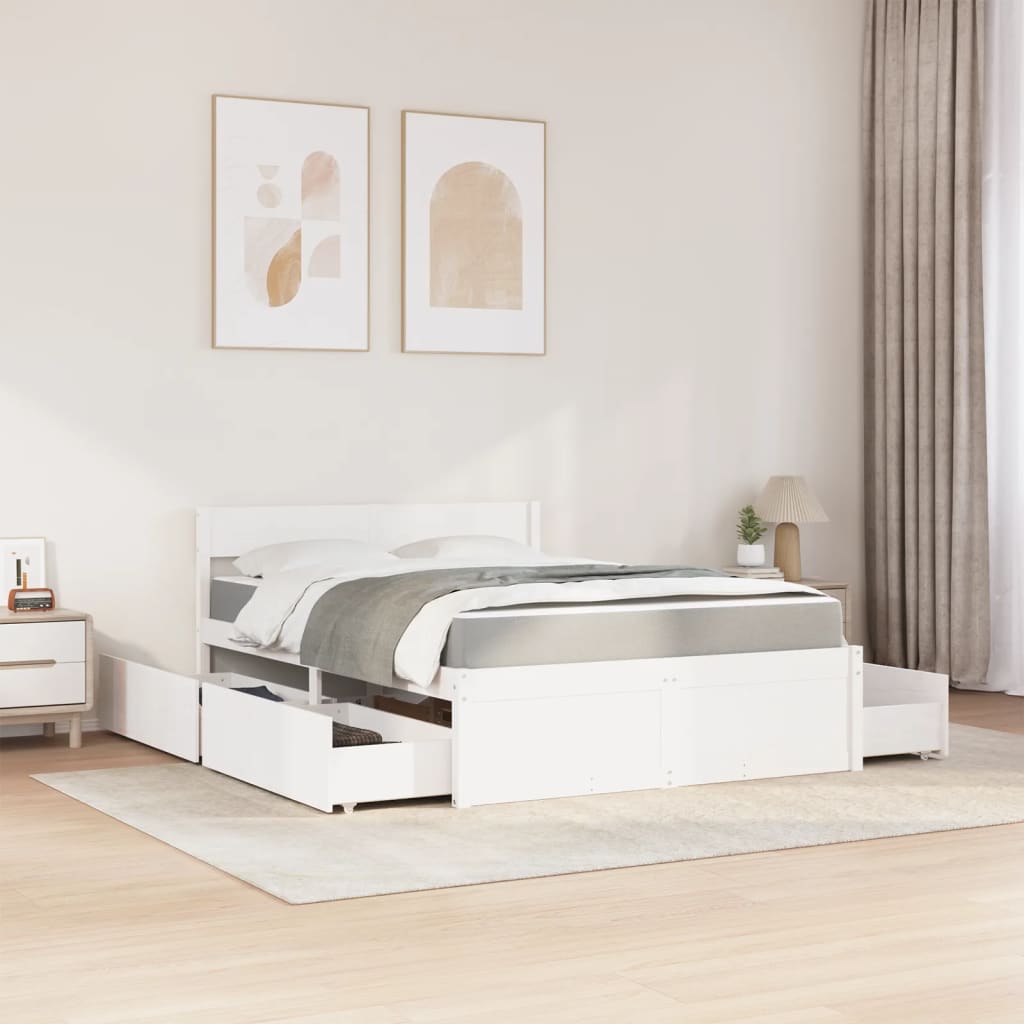Letto Cassetti e Materasso Bianco 140x190cm Legno Massello Pino | homemem39