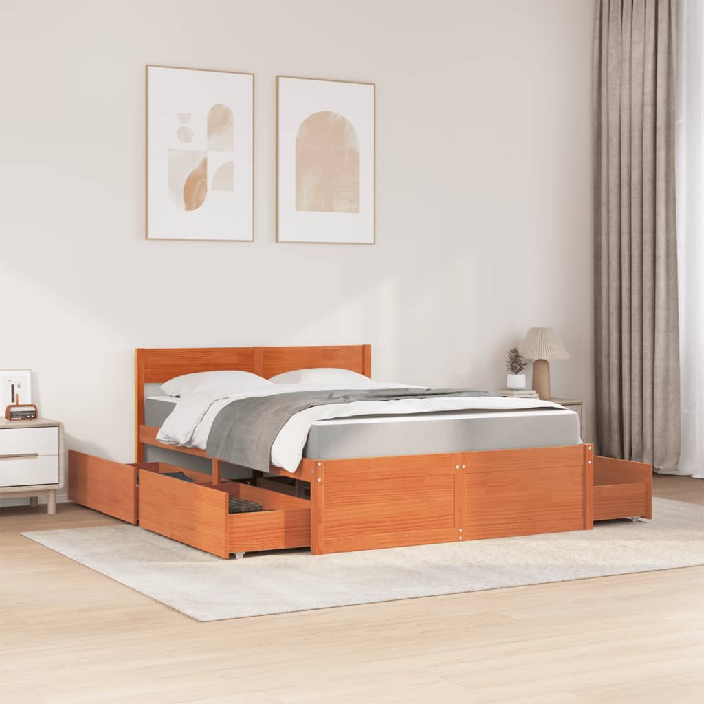 Letto Cassetti e Materasso Marrone Cera 140x190cm Massello Pino | homemem39