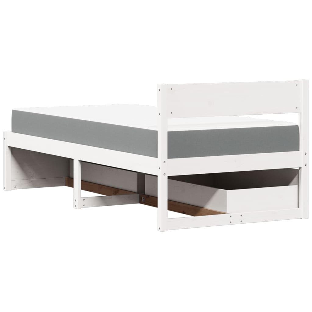 Letto Cassetti e Materasso Bianco 90x190 cm Legno Massello Pino - homemem39