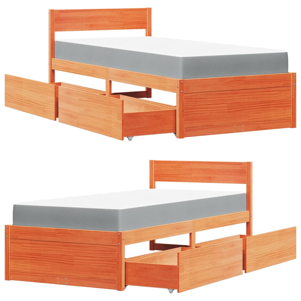 Letto Cassetti e Materasso Marrone Cera 90x190cm Massello Pino - homemem39