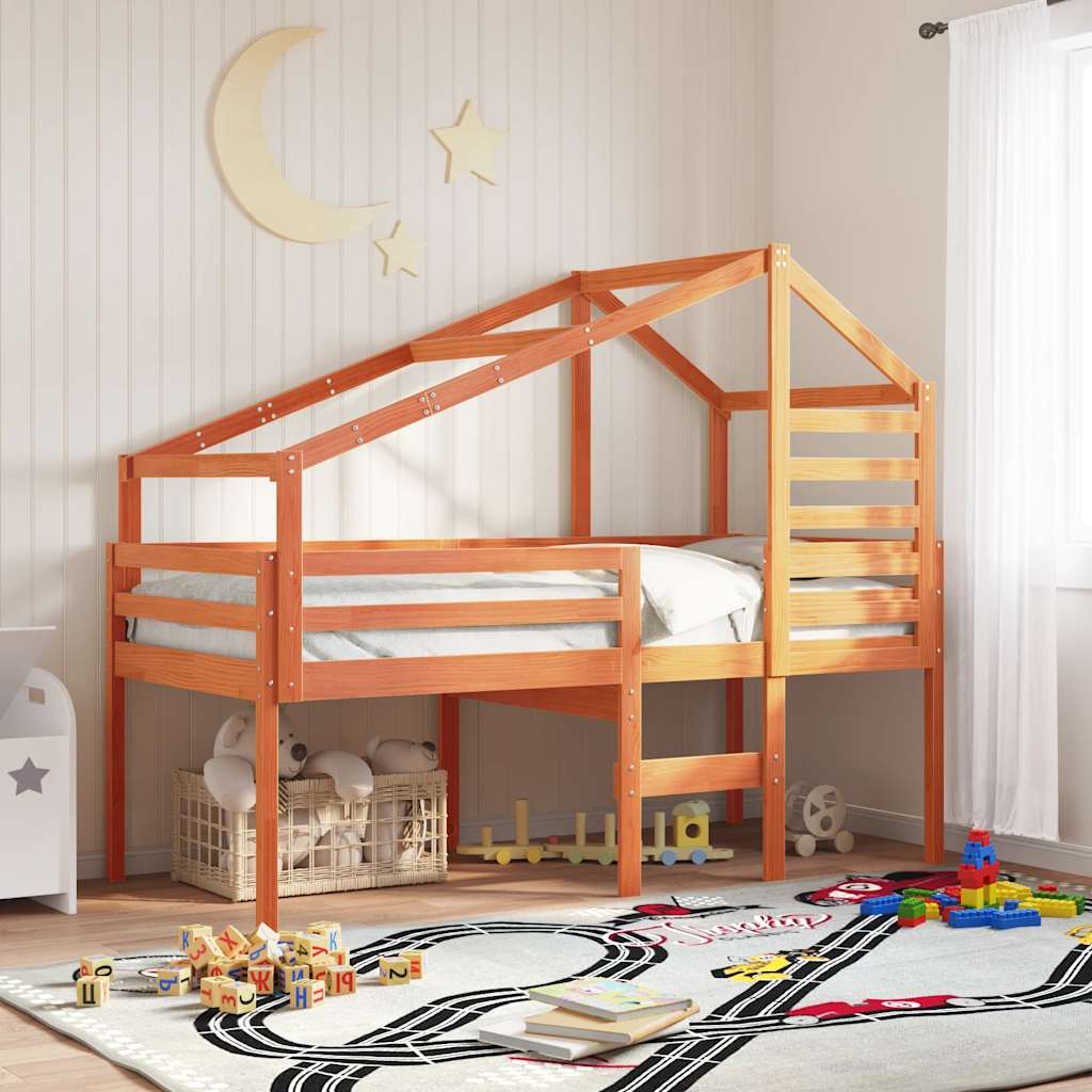 Letto a Soppalco con Tetto Cera 90x190cm Legno Massello di Pino | homemem39