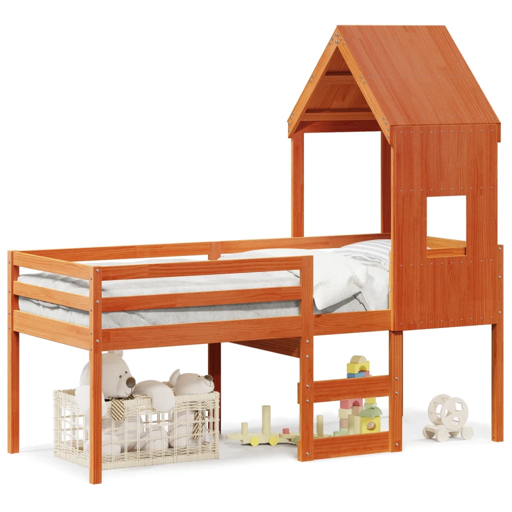 Letto a Soppalco con Tetto Marrone Cera 90x200 cm Legno di Pino - homemem39