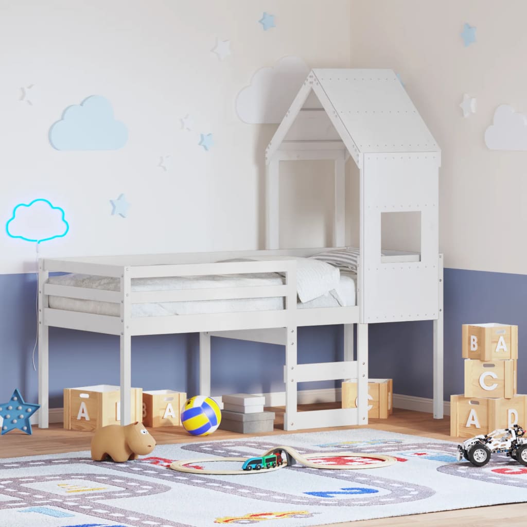 Letto a Soppalco con Tetto Bianco 90x190 cm in Legno di Pino - homemem39