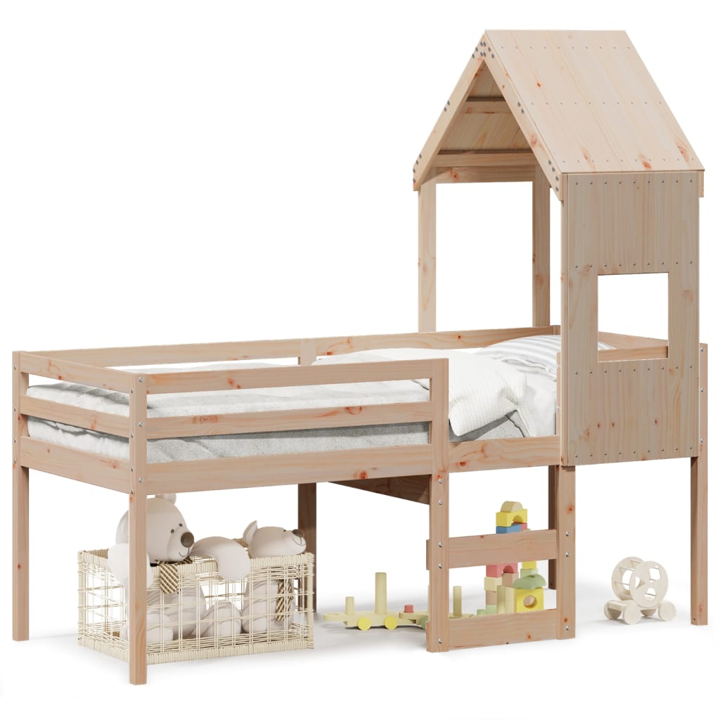 Letto a Soppalco con Tetto 75x190 cm in Legno Massello di Pino | homemem39
