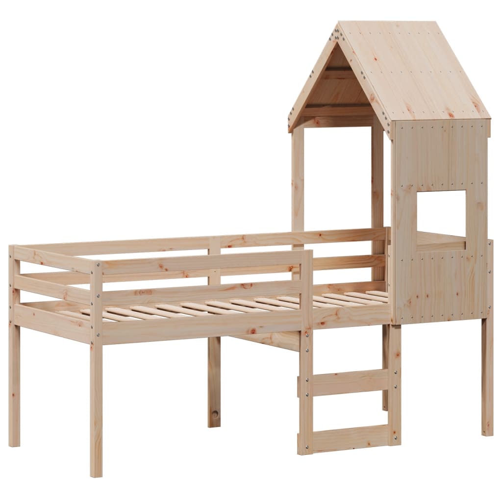 Letto a Soppalco con Tetto 75x190 cm in Legno Massello di Pino | homemem39
