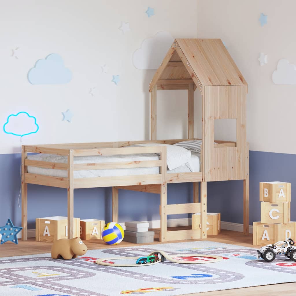 Letto a Soppalco con Tetto 75x190 cm in Legno Massello di Pino | homemem39