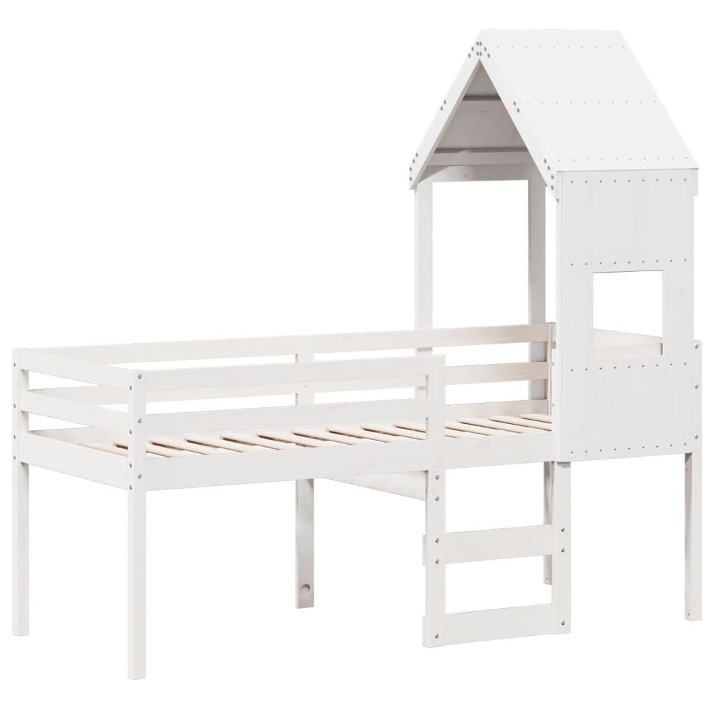 Letto a Soppalco con Tetto Bianco 75x190 cm in Legno di Pino