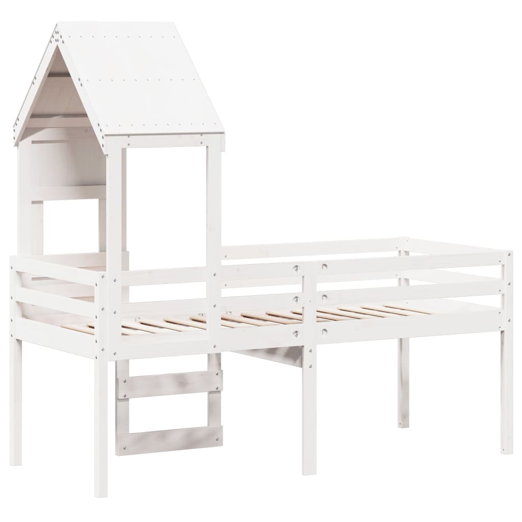 Letto a Soppalco con Tetto Bianco 75x190 cm in Legno di Pino