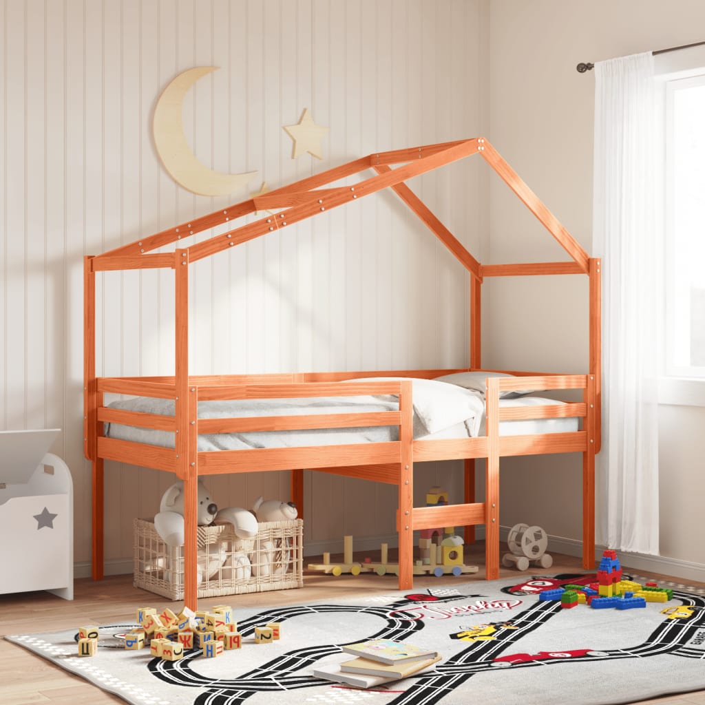 Letto a Soppalco con Tetto Cera 80x200 cm in Legno di Pino - homemem39