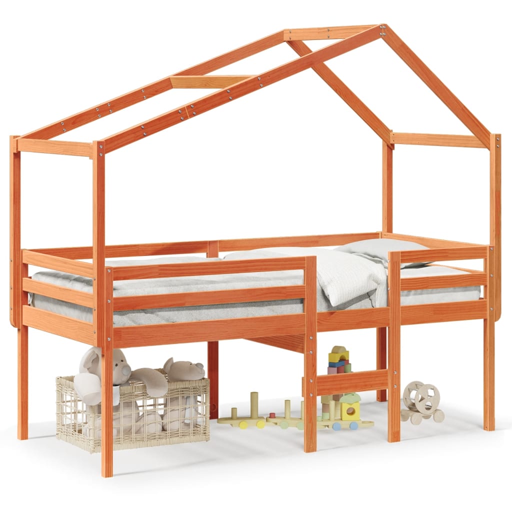 Letto a Soppalco con Tetto Cera 90x190cm Legno Massello di Pino | homemem39