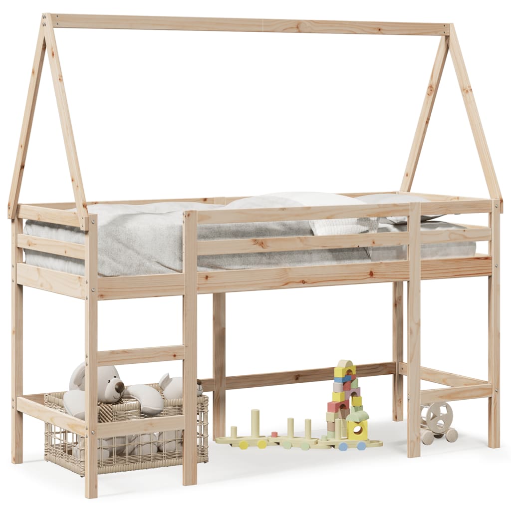 Letto Soppalco con Scala e Tetto 80x200 cm Legno Massello Pino - homemem39