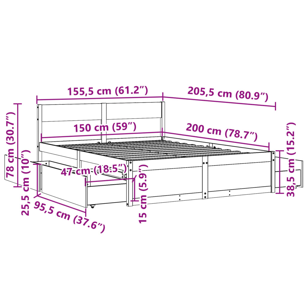 Letto senza Materasso 150x200 cm in Legno Massello di Pino | homemem39