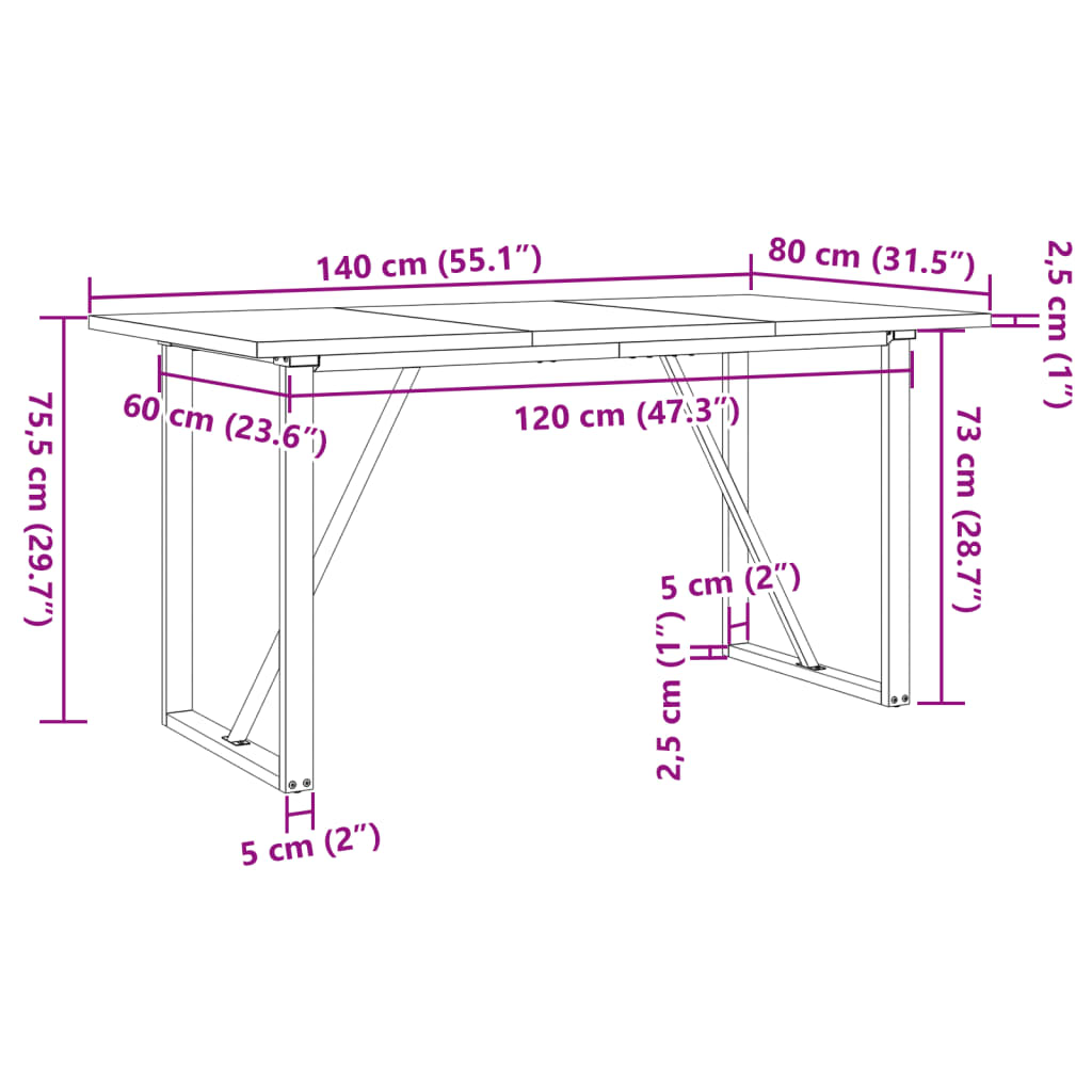 Tavolo da Pranzo Telaio a O 140x80x75,5 cm Legno Pino e Acciaio | homemem39