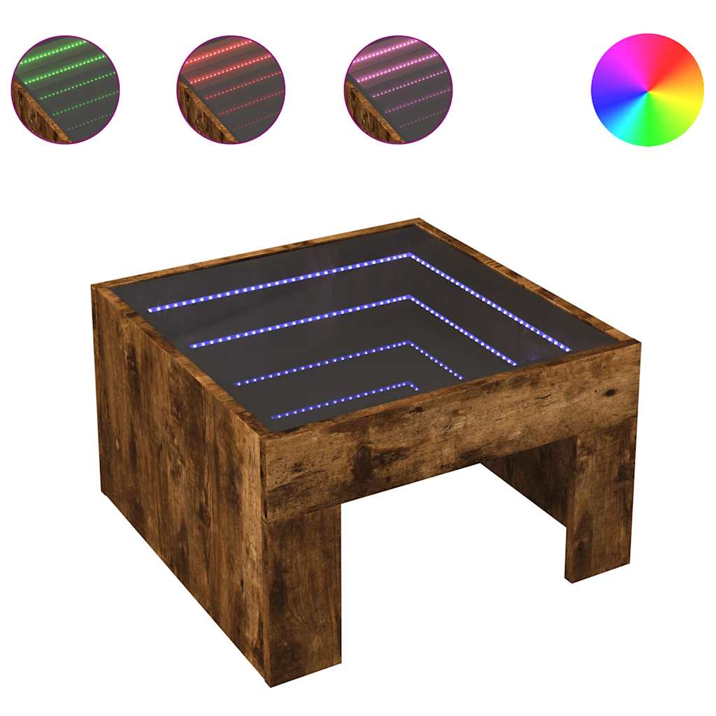 Tavolino da Salotto con LED Infinity Rovere Fumo 50x50x30 cm